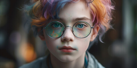 Jugendlicher Schüler mit Brille und gefärbten Haaren im Freien, ai generativ - obrazy, fototapety, plakaty
