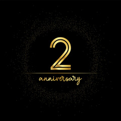 2 years golden number for anniversary with golden glitter and line on a black background