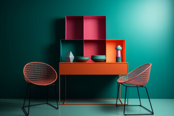 Furniture in modern aesthetic minimal setup studio photography vibrant colours, generative ai