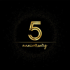 5 years golden number for anniversary with golden glitter and line on a black background