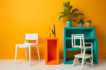 Furniture in modern aesthetic minimal setup studio photography vibrant colours, generative ai