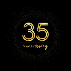 35 years golden number for anniversary with golden glitter and line on a black background