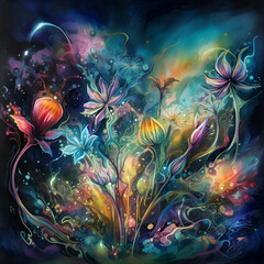 Defocused purple flowers arranged in circle on multicolored backdrop. ai