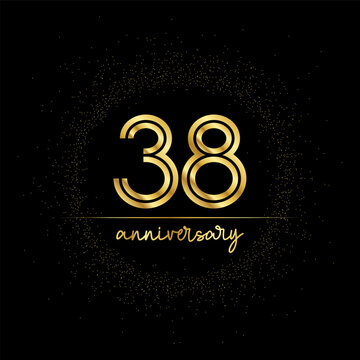 38 years golden number for anniversary with golden glitter and line on a black background
