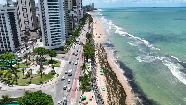 Boa Viagem Beach At Recife Pernambuco Brazil. Seascape Bay Water. Business Film Downtown Cityscape. Business Outdoor Downtown District Up Above. Business Cityscape Building Architecture.