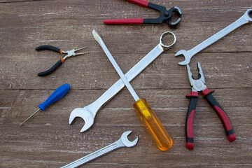 Images of various wrenches, screwdrivers, pliers and pliers. Tools of a handyman for repairs.
