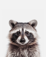 portrait / face of a cute little baby raccoon looking straight into the camera, isolated over a light bright grey background, minimalist nursery, animal or wildlife poster or card, generative AI