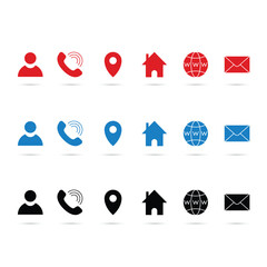 Contact glyph icons set in three color, red, blue and black