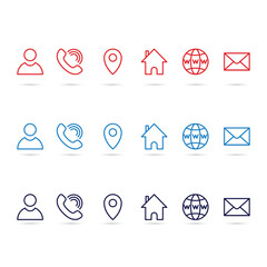 Contact glyph icons set in three color, red, blue and black