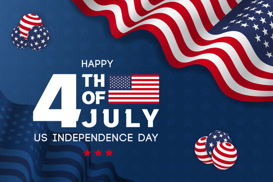 US Independence Day 4th July banner with waving flag and balloons illustration