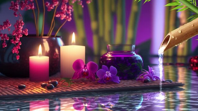 flowers, spa stones, candles, bamboo fountains