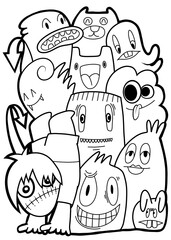 Hand-drawn illustrations, monsters doodle, Hand Drawn cartoon monster illustration,Cartoon crowd doodle hand-drawn Doodle style.black and white stripes coloring  book.