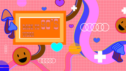 Vector 90s retro party cartoon background illustration in trendy flat style design colorful colourful