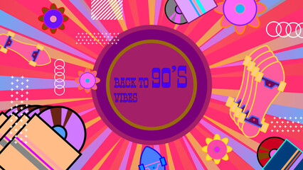 Vector 90s party cartoon background illustration with retro music 1990 and disco in old style design colorful colourful