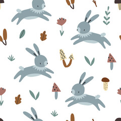 seamless childish pattern with cute hares on a white background. Vector illustration in scandinavian style for children's and textile decoration