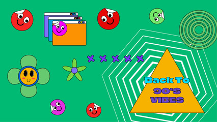 Naklejka premium Vector 90s retro party cartoon background illustration in trendy flat style design colorful colourful