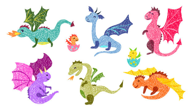 Children's drawing. Set with dragons