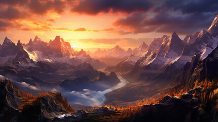 Fototapeta na wymiar Fantasy mountain and lake sunset landscape. Created with Generative AI tools