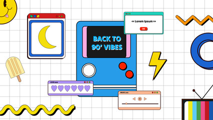 Vector 90s party cartoon background illustration with retro music 1990 and disco in old style design colorful colourful