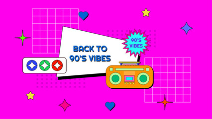 Vector 90s party cartoon background illustration with retro music 1990 and disco in old style design colorful colourful