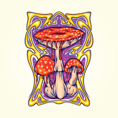 Amanita mushroom with trippy vintage frame logo vector illustrations for your work logo, merchandise t-shirt, stickers and label designs, poster, greeting cards advertising business company or brands