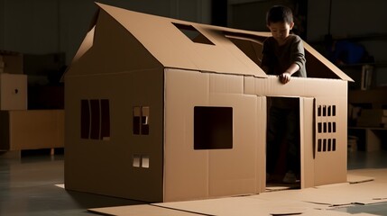 Cardboard House with Child