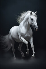 Obraz na płótnie Canvas Galloping white horse with beautiful flowing mane. Photorealistic portrait. generative art