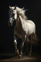 Obraz na płótnie Canvas Galloping white horse with beautiful flowing mane. Photorealistic portrait. generative art