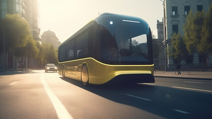 Obraz premium Futuristic public transport. Bus at the city street. Beautiful generative art