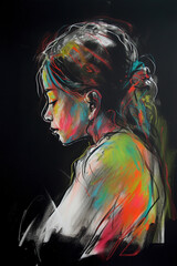 Beautiful woman, colorful hand drawn side view portrait. Generative art