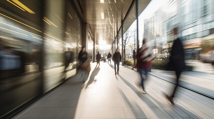 City street with incidental people blurred in motion. Photorealistic generative art.