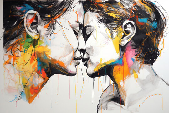 An abstract illustration of two young women kisses. Sketch drawing with colors in accents. Generative art