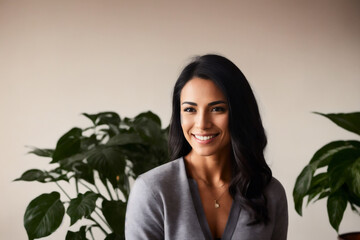 Fototapeta premium Portrait of smiling happy athletic build confident an dark-haired woman practising indoors gardening at home in houseplants. Concept of active age. Generative AI