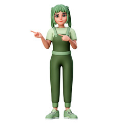 Cute Girl Character With Pointing to left Side Gesture using Both Hand, 3D Render Illustration