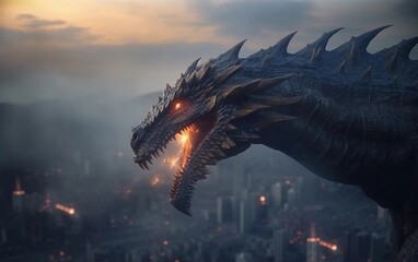 Dragon head on the evening city background created with Generative AI technology
