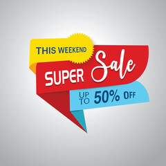 Super sale banner, 50% off, special offer. Website sticker on a gray abstract background. original web page design.