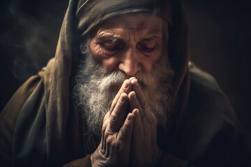Old man praying in the dark room with his hands folded in prayer created with Generative AI technology