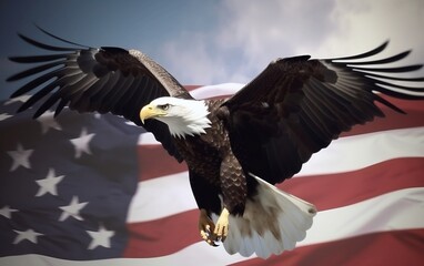 Bald eagle takes flight in front of the American flag createrd with Generative AI technology. American independence day