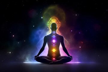 Fototapeta na wymiar State of mind concept. Transcendental chakras space meditation human silhouette. Cosmic background. Generative AI