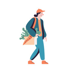 One person walking with a backpack smiling