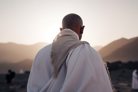 Back View of a Moslem Pilgrim Wearing Hajj Clothes in Arabian Desert of Arafah