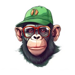 Fototapeta premium Chimpanzee monkey in a green cap and sunglasses