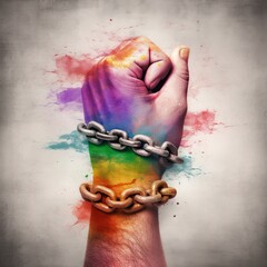 Close up of human hand with chained hands on colorful splashes background