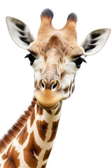 Giraffe muzzle, stunning realistic portrait isolated on white background. Photorealistic generative art.
