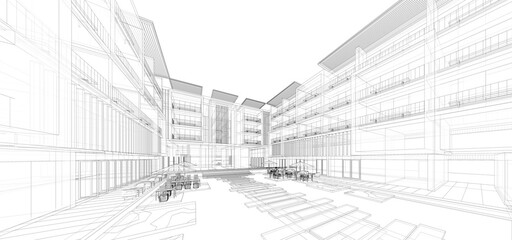 Architecture background. Perspective 3d Wireframe of building design and model my own