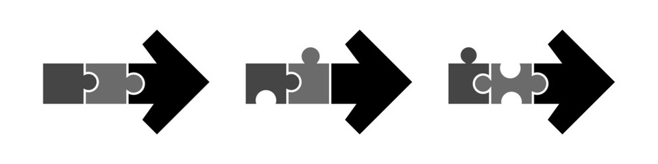 Puzzle arrow. Stacked jigsaw puzzle creates an arrow icon for design. Flat style illustration isolated on white background. Vector EPS 10