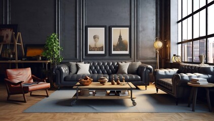A dark sofa adds elegance to the interior