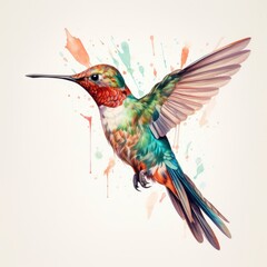 Hummingbird with colorful splashes. Watercolor hand drawn illustration.