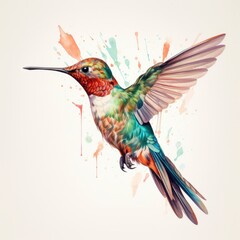 Obraz premium Hummingbird with colorful splashes. Watercolor hand drawn illustration.