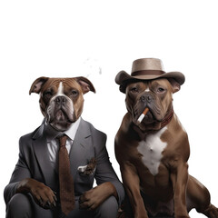 Two dogs in a suit and a hat smoking a cigar